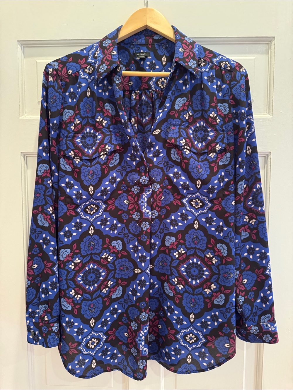 Ann Taylor Blue and Purple Floral Button-Down Shirt